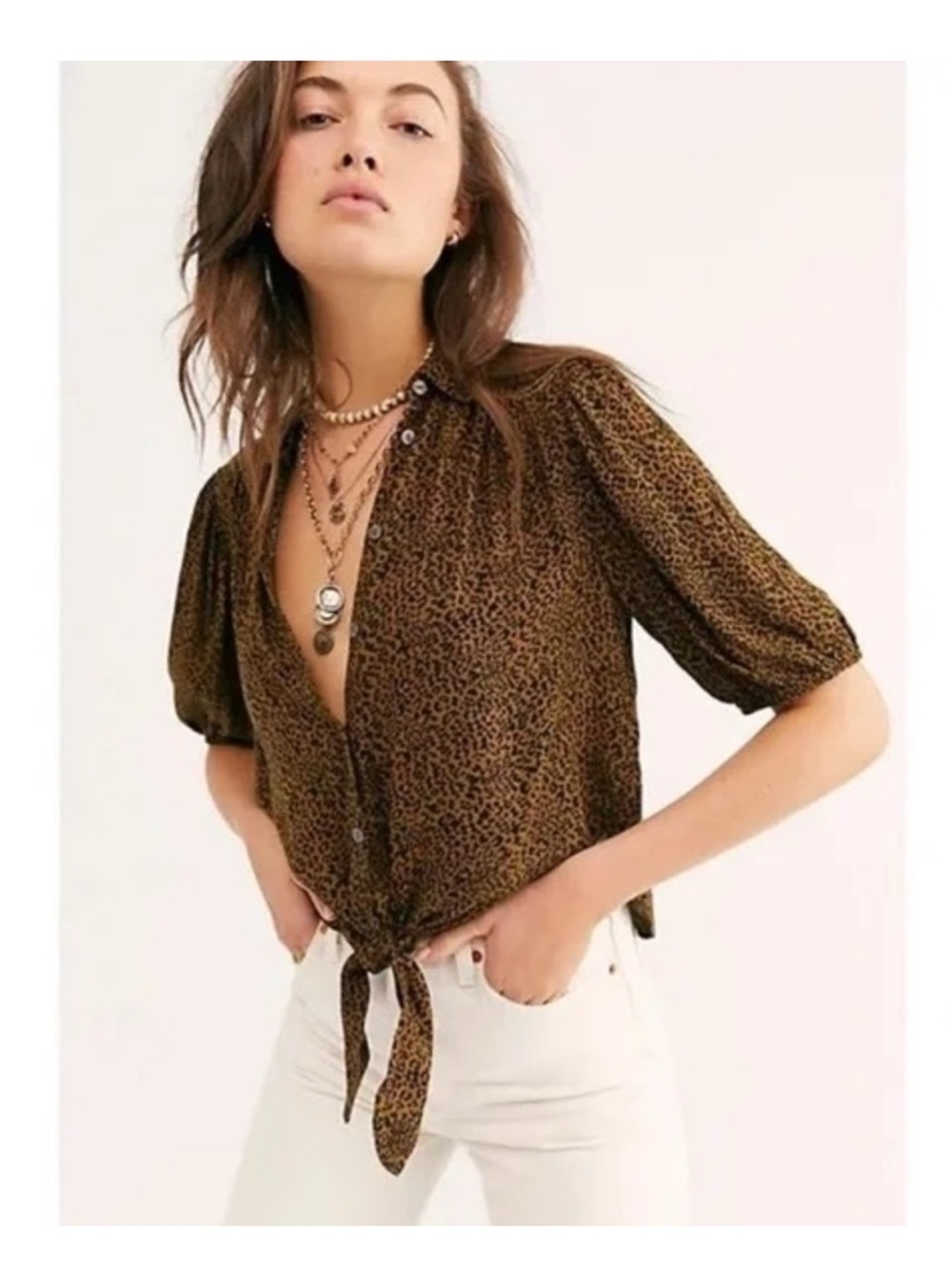 Free People Brown Leopard Button-Front Tie Blouse large wild bohemian boho